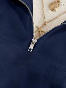 <b>Navy</b> Acid Wash Half Zip Women's Hoodies 100% Cotton Fleece Pullover Breathable Anti-Wrinkle Soft Streetwear Autumn Front OEM - Product Image 4