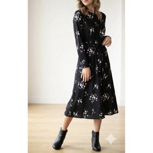 Vestido Maxi Micro Interlock Estampado con Cuello Mandarín, Manga Larga y Cinturón para Mujer, 32261 - Negro - Product Image 3