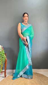 Prêt-à-porter Saree traditionnel en pure gorgette Blouse à bordure en dentelle Jequrd argentée à deux nuances Sari 1 minute pour les fêtes de mariage - Product Image 3