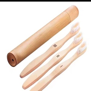 Brosse à dents en bambou à manche rond en poils de charbon de bois dans un étui en bambou avec logo personnalisé OEM gratuit - Product Image 2