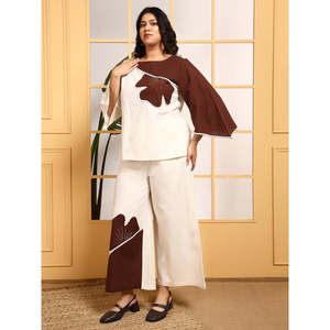 DEEBACO Women's Plus Size Solid Off <b>White</b> Cotton Embroidered Patch <b>Work</b> Co-Ord Set Boat Neck Top and Ankle Length <b>Trouser</b> Outfit - Product Image 4