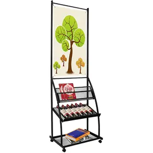 JH-Mech Poster Sign Display Stand Portable Rolling Literature Magazines Rack with 3 Pockets Large Metal Floor Sign Holder Stand