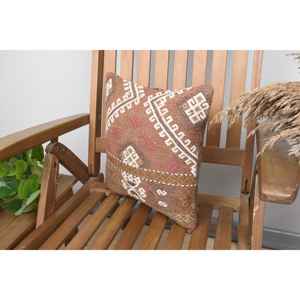 Kilim de lana marrón de 14x14 pulgadas Cojín de lujo tejido con hojas de patrón vintage Plantas esponjosas y diseño inspirado en la cocina - Product Image 3