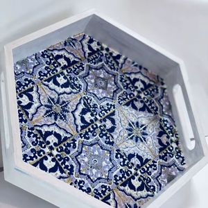 Plateau de service en bois hexagonal à motifs blancs en MDF, table basse, cuisine, petit-déjeuner, nourriture, boisson, plateau décoratif pour la maison, table, poignées - Product Image 1