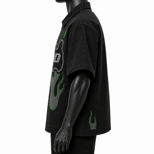 Summer Oversize Zipper <b>Shirt</b> Short Sleeve Boxy Fit Streetwear Rhinestone <b>Flame</b> Graphic <b>Shirt</b> OEM Wholesale Full Zipper - Product Image 4