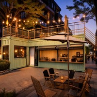 Kiosque de café à double conteneur, food truck, restaurant préfabriqué en forme de L avec terrasse
