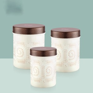 White Warli Print Metal Storage <b>Jar</b> Set Modern Ethnic Cylindrical Containers with Textured Lids - Product Image 1