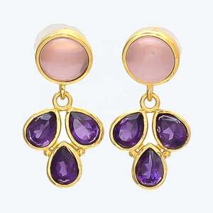 Boucles d'oreilles en calcédoine rose et améthyste bleue, plaqué or 18 carats, argent sterling 925, bijoux ronds et en forme de goutte - Product Image 5