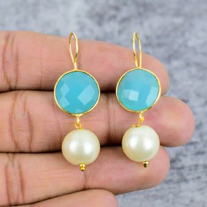 Blue Chalcedony & Pearl Round Gemstone 925 Sterling <b>Silver</b> Gold Plated Earrings Wire Earrings Gift for Women Wedding Earrings - Product Image 2