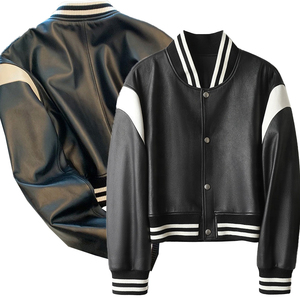 Chaqueta Corta de Cuero para Mujer, Estilo Universitario, Chaqueta Bomber de Cuero Auténtico - Product Image 5