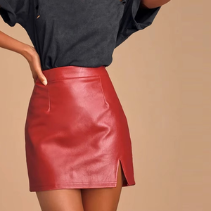 2025 nouvelle Mini jupe en cuir rouge taille haute à la mode pour les femmes Sexy-Slim Fit-Faux cuir jupe-fête et tenue décontractée Service OEM - Product Image 4