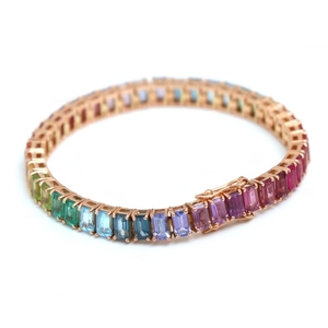Pulsera de Tenis Chapada en Oro con Circonitas de Corte Esmeralda Multicolor, Plata de Ley 925, Joyería de Moda para Mujeres y Niñas - Product Image 4
