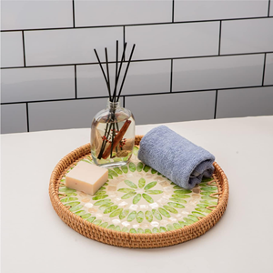 ถาดหวายทรงกลมฝังมุกสำหรับตกแต่งโต๊ะกาแฟถาดเสิร์ฟของตกแต่งบ้านจากเวียดนาม - Product Image 5