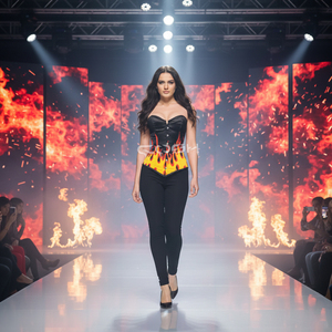 Corset sur mesure en satin noir avec imprimé flamme, forme cœur, baleines en acier, style gothique sublimé - Product Image 1