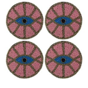 Blue Eye Design Pink Round <b>Glass</b> Beaded Handmade <b>Table</b> Coaster Set of Four Pieces for wedding - Product Image 1