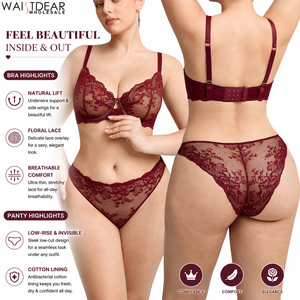 Ensemble de lingerie sexy en dentelle florale Waistdear pour femme, soutien-gorge <span class=keywords><strong>push</strong></span>-<span class=keywords><strong>up</strong></span> et culotte en maille transparente, respirant - Product Image 1