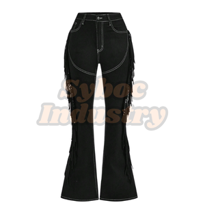 Pantalón acampanado negro para mujer Nuevo estilo vaquero con flecos Pantalón acampanado de mezclilla transpirable para Pantalones vaqueros de festival occidental - Product Image 1