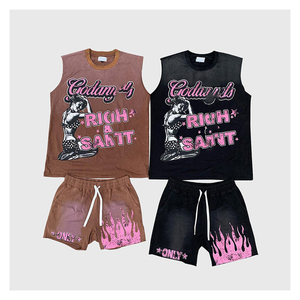 Custom Cotton Heavyweight Dtg Graphic High Quality Vintage Acid Washed t Shirt tank Top Men <b>Sleeveless</b> Shorts Sets Manufacturer - Product Image 1