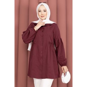 Blusa de Algodón Borgoña para Mujer, Camisa con Volantes, Cuello con Botones Decorativos, Manga Abullonada, Cintura Holgada con Detalle Fruncido, Estilo Casual Occidental - Product Image 2