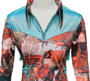 Chemise de spectacle western pour cowgirl, faite à la main, légère, respirante, à taille haute, fermeture éclair, argent sur tissu taffetas extensible, approvisionnement ODM - Product Image 1