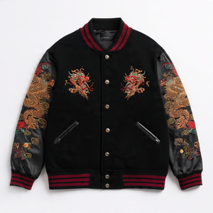 Veste universitaire pour homme en laine 100% noire, col rond, manches en cuir, surdimensionnée, veste universitaire d'hiver, haut pour homme - Product Image 6