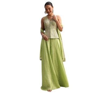Traje de tejido bordado verde claro Kurta Palazzo con Dupatta, venta al por mayor, Ropa Étnica para mujer, fábrica de ropa OEM, proveedor a granel - Product Image 3