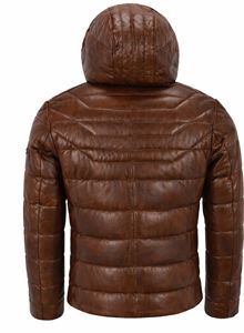 Blouson matelassé en cuir marron pour homme avec capuche, manteau d'hiver chaud, fermeture éclair sur le devant et plusieurs poches - Product Image 2