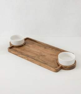 Plateau à copeaux et trempette en bois d'acacia avec bol en céramique Plateau de service en bois rond élégant pour les collations Plat de service moderne à trempette - Product Image 2