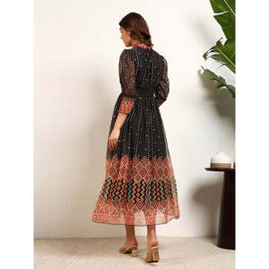 Deebaco Women's Boho Maxi <b>Dress</b> Bandhani Print Chiffon Lantern Sleeve High Neck Loose Fit Sheer Layer All Seasons Casual - Product Image 4