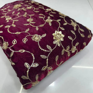 Tela de Seda Bordada de Diseño con Cuentas y Pedrería, Motivos Florales para Saris, Trajes y Ropa Étnica Festiva - Product Image 6
