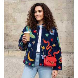 Navy Velvet Bomber <b>Jacket</b> with Hand Embroidery Animal Print Floral Snake Pattern <b>Mandarin</b> <b>Collar</b> Autumn Women's Quick Dry - Product Image 1