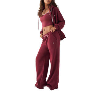 Women <b>Fleece</b> Zip <b>Hoodie</b> Jogger Set Cropped Jacket Wide Leg Pants Relaxed Fit OEM Wholesale Manufacturing - Product Image 2