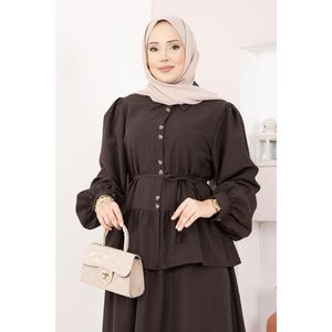 Ensemble deux pièces style club marron café, jupe boutonnée et hauts de sport longs, coupe ajustée, en tricot de coton imprimé XL pour l'été - Product Image 2
