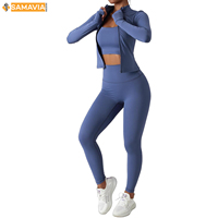 Ensemble de sport uni pour femme SAMAVIA avec soutien-gorge de sport à ceinture et leggings taille en V, idéal pour la gym, l'entraînement, le yoga et le fitness, 2 pièces, personnalisable