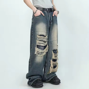 Baggy Washed Breathable Men's Fashion Denim <b>Jeans</b>, High Quality Washed Straight Baggy <b>Jeans</b>, Vintage Style Denim Ripped <b>Jeans</b> - Product Image 5
