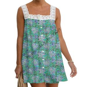 Vestido Boho para Mujer, Estampado en Bloques, Algodón, Diseño Gitano Hecho a Mano, Túnica de Algodón Transpirable con Estampado en Bloques, Top de Encaje, India y Pakistán - Product Image 3