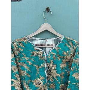 Women's Reversible <b>Double</b>-Sided Woven <b>Quilted</b> Autumn Jacket Long Sleeve V-Neck Bomber Coat Block Printed Cotton Embroidery - Product Image 4