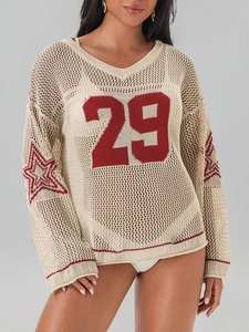 Haut en jersey universitaire en maille avec imprimé rouge 29 et manches plaquées étoile pull ample transparent pour la mode Streetwear - Product Image 6