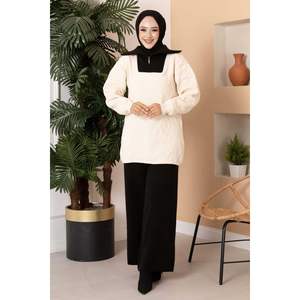 Ecru-Black 2 piezas Cremallera Detallada Truck Collar Knitwear Loose Fit Long Sports Top Pantalones para Otoño Invierno Ropa sólida - Product Image 3