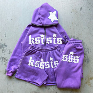 Ensemble sweat à capuche et short vintage pour homme, tenue d'été deux pièces avec patch étoile, survêtement décontracté et mignon - Product Image 2