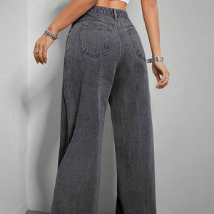 2025 venta al por mayor nuevos pantalones vaqueros negros de pierna ancha para mujer Pantalones vaqueros de cintura alta de pierna recta pantalones casuales de mezclilla holgados para mujer - Product Image 2