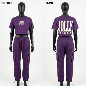 Ensemble femme : Crop top et jogging violet en molleton de coton 300 GSM French Terry, impression sérigraphique, broderie logo personnalisé - Product Image 5
