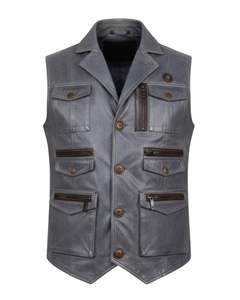 New Design Men Multi Pocket Genuine Leather Utility <b>Vest</b> Sleeveless Button Front <b>Tactical</b> Style Waistcoat for Outdoor - Product Image 1