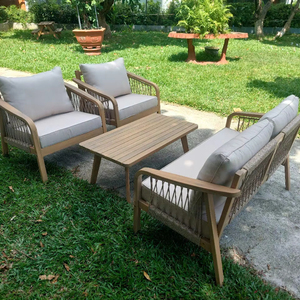 Mobilier d'extérieur en bois massif d'acacia banc confortable canapé avec tissu en polyester durable 1 banc et 2 pièces ensemble de chaises 1 place - Product Image 1