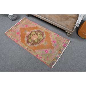 Alfombra turca vintage de 1,7x3,3 pies, Naranja, Rosa, área grande, diseño rectangular abstracto de retazos de lana para pasillo, Alfombra de látex para habitación - Product Image 2