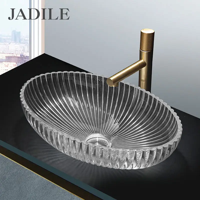 Fábrica Custom Design Crystal Wash Basin Transparente Counter Top Vidro Temperado Embarcação Lavatório Pia