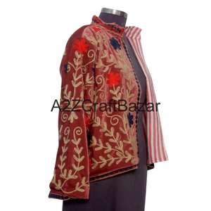 Artisan <b>Velvet</b> Suzani Embroidered Woven <b>Jacket</b> Boho Ethnic Winter Coat with Floral Quilted Cotton Lining & Button Closure - Product Image 4
