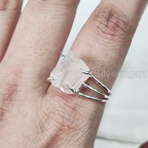 Joyería de piedra en bruto, anillo para mujer, piedra preciosa de cuarzo rosa crudo Natural, piedra natal de abril, 3 bandas lisas, anillo de Plata de Ley 925 para boda - Product Image 2