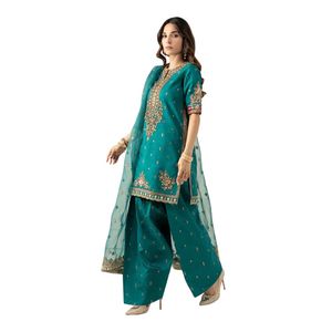 Costume 3 pièces en soie brute brodée robe traditionnelle pakistanaise vêtements ethniques pour femmes mode culturelle Shalwar Kameez artisanale - Product Image 2