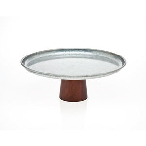 Creative Galvanized Metal Cake Stand With Wood Pedestal Base Round Serving <b>Tray</b> For Dessert Display Parties And Weddings - Product Image 1